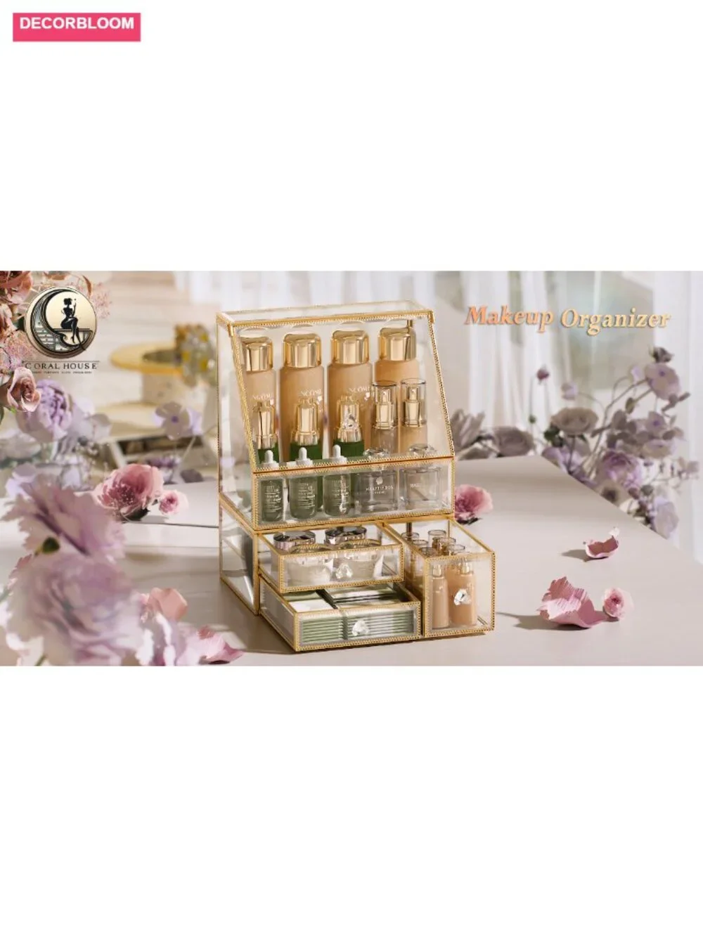 Glass Makeup Organizer with Drawer, Stackable Skincare Holder, Vanity Storage